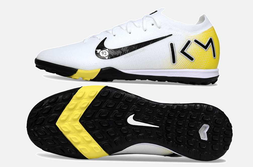 Chuteira Society Nike Air Zoom Mercurial Vapor 16 Kylian Mbappe Elite TF - Branca, Amarela e Preta - Tevo Sports SPORT*