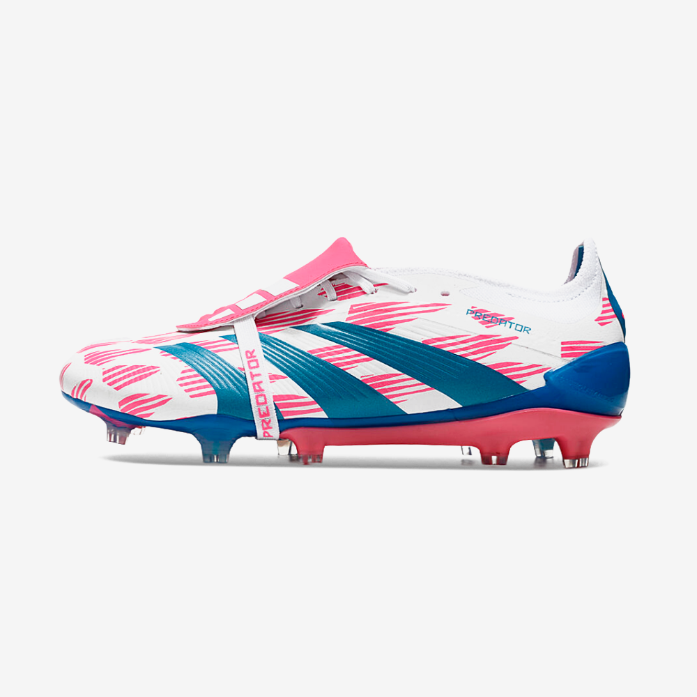Chuteira Adidas Predator Elite Tongue FG - Branca, Azul e Rosa - vista frontal