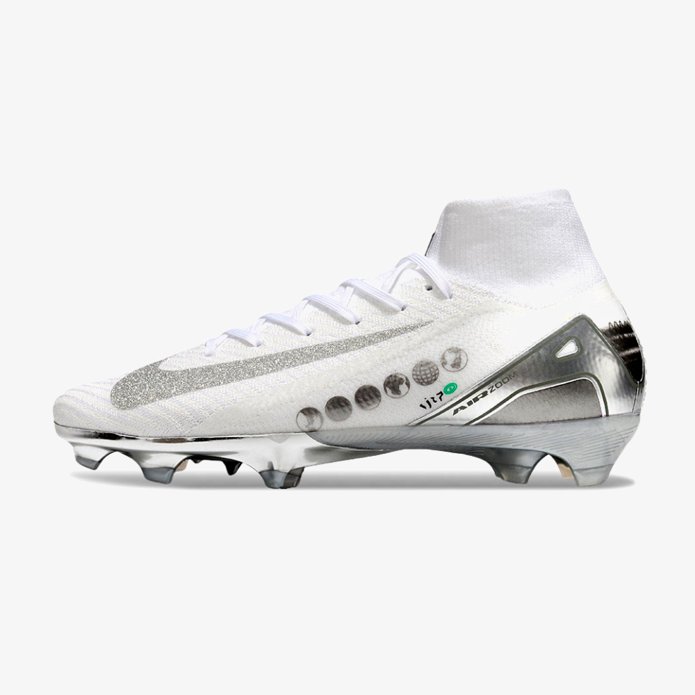 Chuteira Nike Air Zoom Mercurial Superfly 10 Edição Especial Elite FG - Branca e Prata - vista frontal