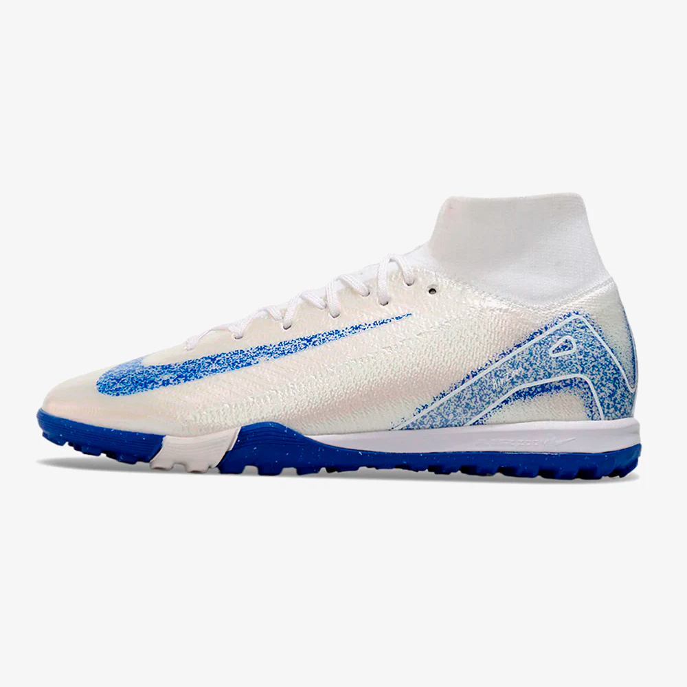 Chuteira Society Nike Air Zoom Mercurial Superfly 10 Elite TF - Branca e Azul - vista frontal