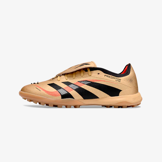 Chuteira Society Adidas Predator Elite Fold-Over Tongue TF - Dourada, Preta e Vermelha - vista frontal