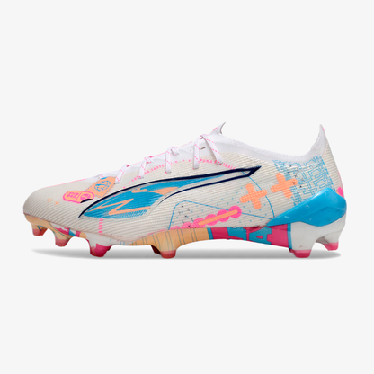 Puma Ultra 5 Ultimate FG - Branca, Azul e Rosa - vista frontal