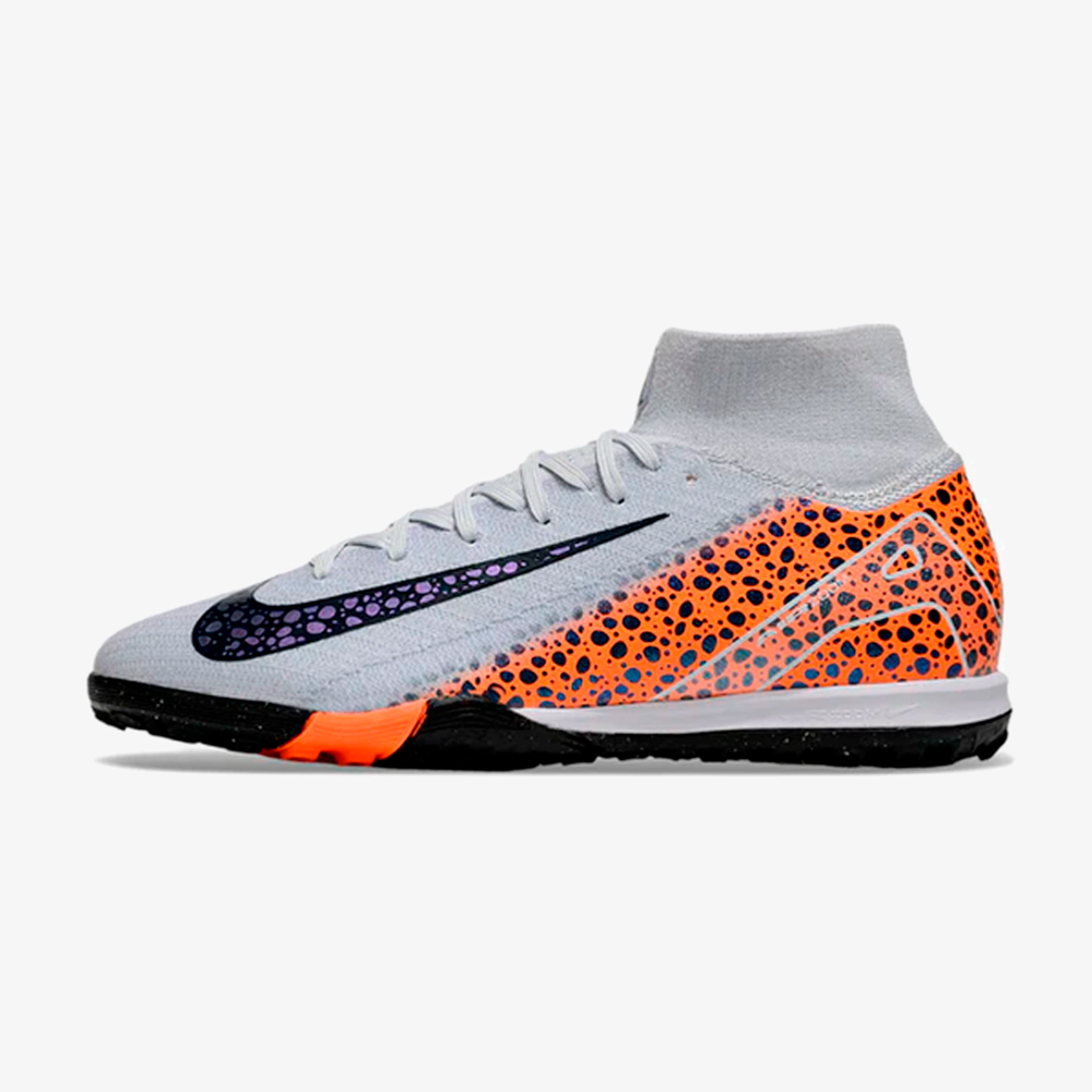 Chuteira Society Nike Air Zoom Mercurial Superfly 10 Elite TF - Cinza e Laranja - vista frontal