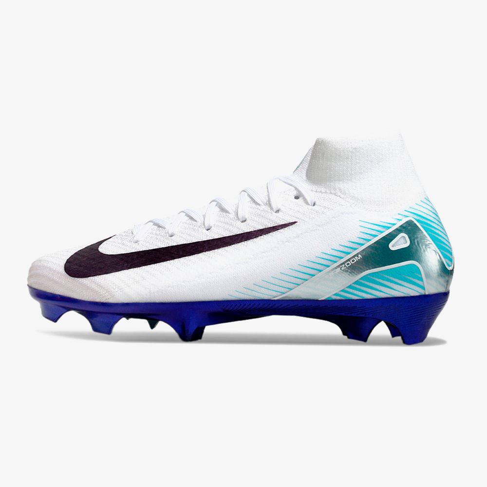 Chuteira Nike Air Zoom Mercurial Superfly 10 Edição Especial Elite FG - Branca e Azul - vista frontal