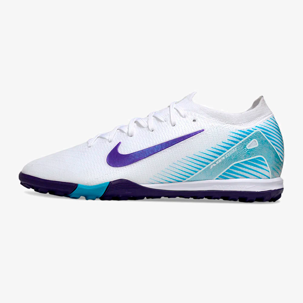 Chuteira Society Nike Air Zoom Mercurial Vapor 16 Elite TF - Branca, Azul e Roxa - vista frontal