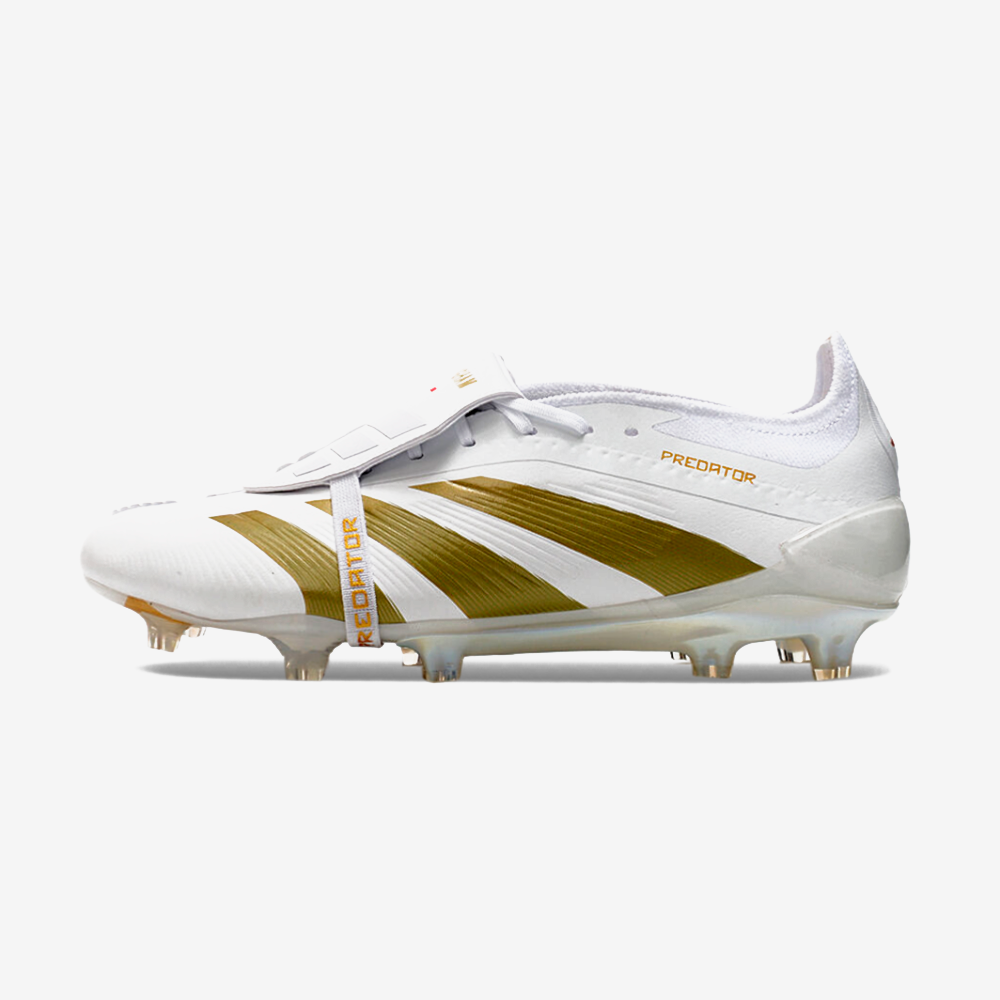 Chuteira Adidas Predator Elite Tongue FG - Branca e Dourada - vista frontal