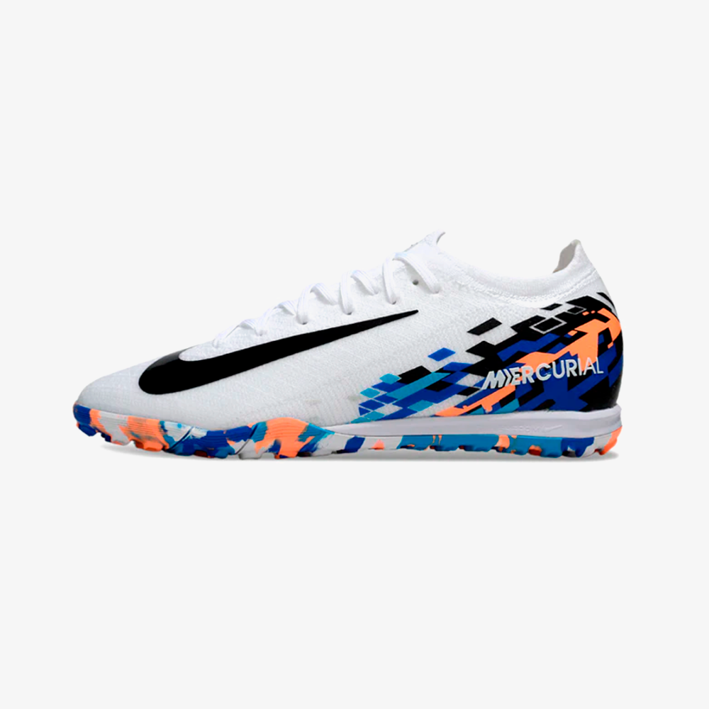 Chuteira Society Nike Air Zoom Mercurial Vapor 16 Elite TF - Branca, Preta e Azul - vista frontal