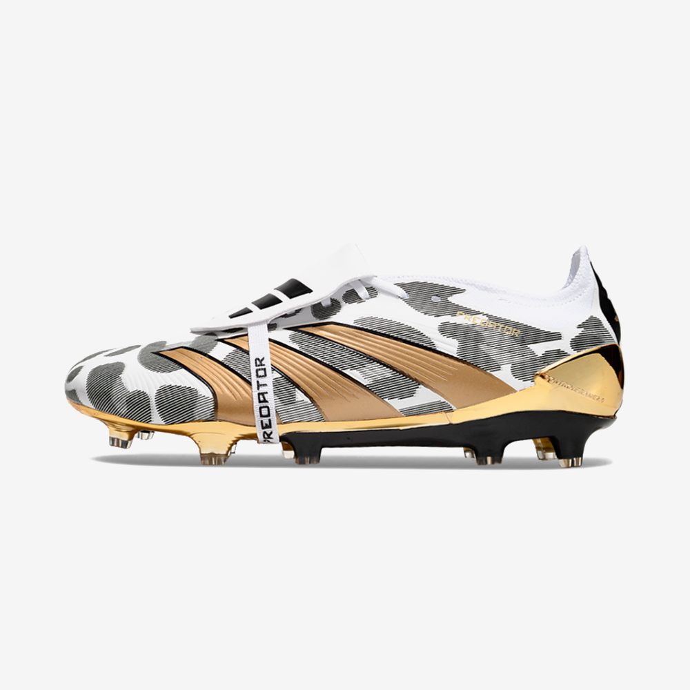 Chuteira Adidas Predator Elite Tongue FG - Dourada, Branca e Cinza - vista frontal