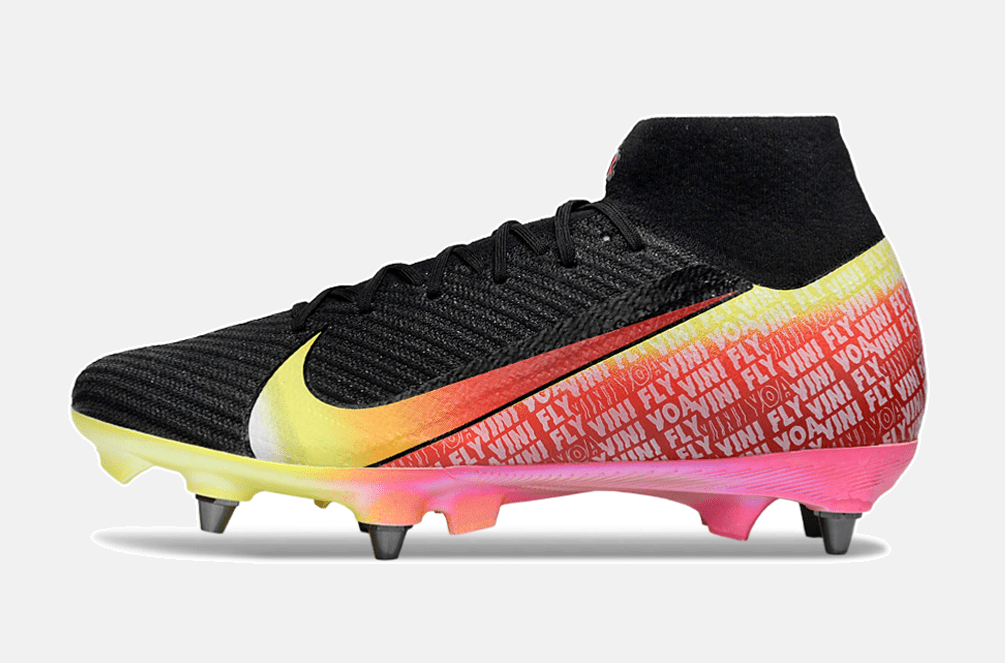 Chuteira Nike Air Zoom Mercurial SuperFly 10 Vini JR Elite SG - Preta, Amarela e Vermelha - Tevo Sports SPORT*