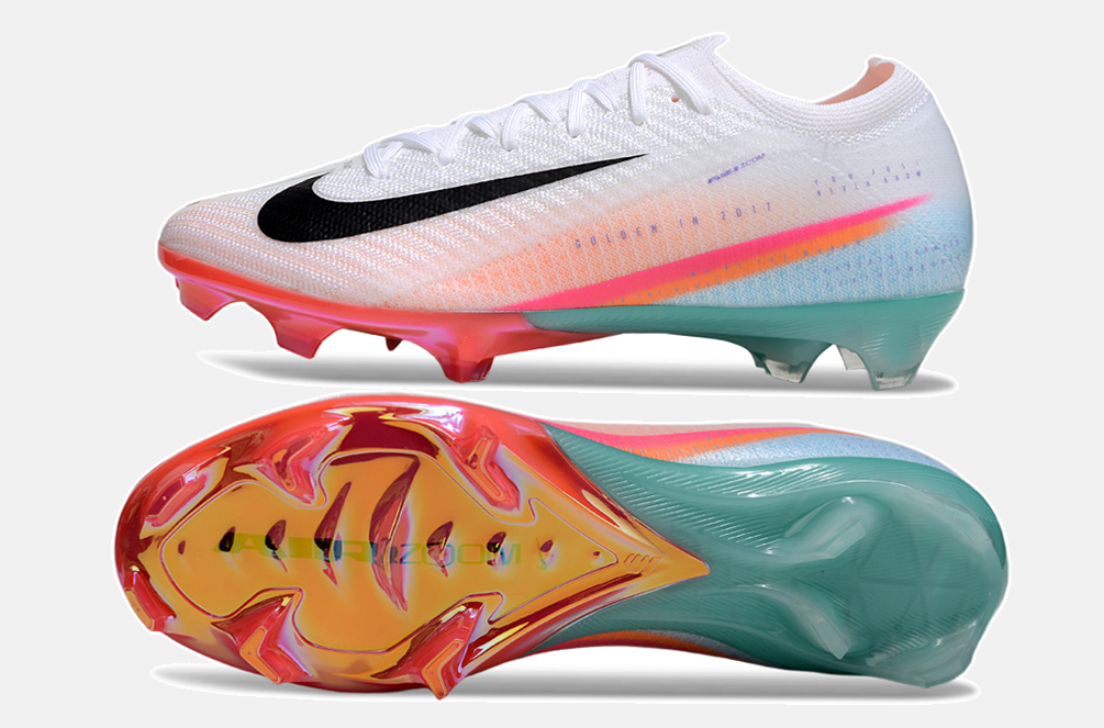 Chuteira Nike AIR Zoom Mercurial Vapor 16 Edição Especial Elite FG - Branca, Azul, Laranja e Rosa - vista traseira