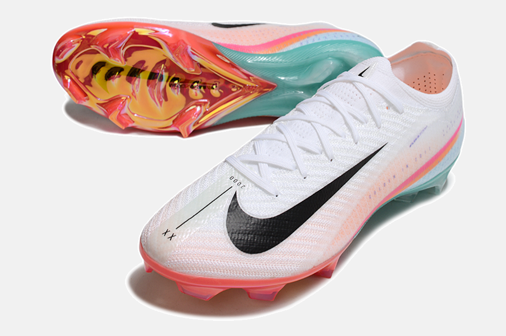 Chuteira Nike AIR Zoom Mercurial Vapor 16 Edição Especial Elite FG - Branca, Azul, Laranja e Rosa - detalhe