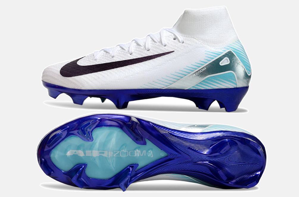 Chuteira Nike Air Zoom Mercurial Superfly 10 Edição Especial Elite FG - Branca e Azul - vista traseira