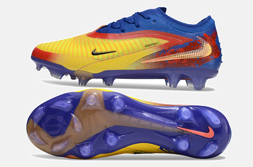 Chuteira Nike Phantom 6 Edição Especial Haaland Elite  FG - Azul, Amarela e Vermelha - vista traseira