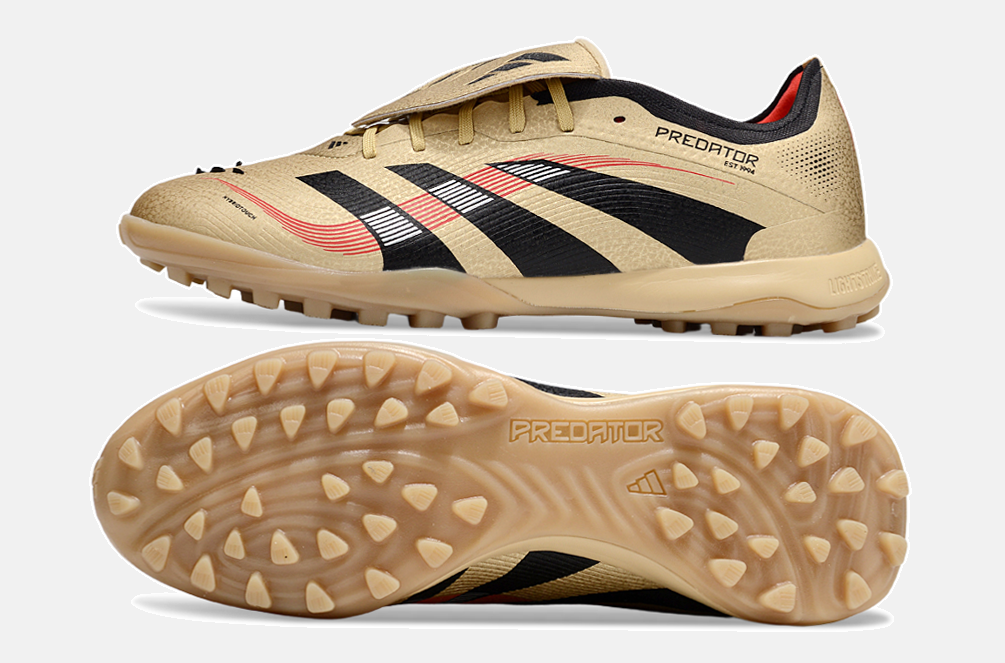 Chuteira Society Adidas Predator Elite Fold-Over Tongue TF - Dourada, Preta e Vermelha - vista traseira
