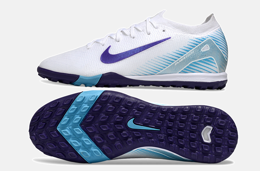 Chuteira Society Nike Air Zoom Mercurial Vapor 16 Elite TF - Branca, Azul e Roxa - vista traseira
