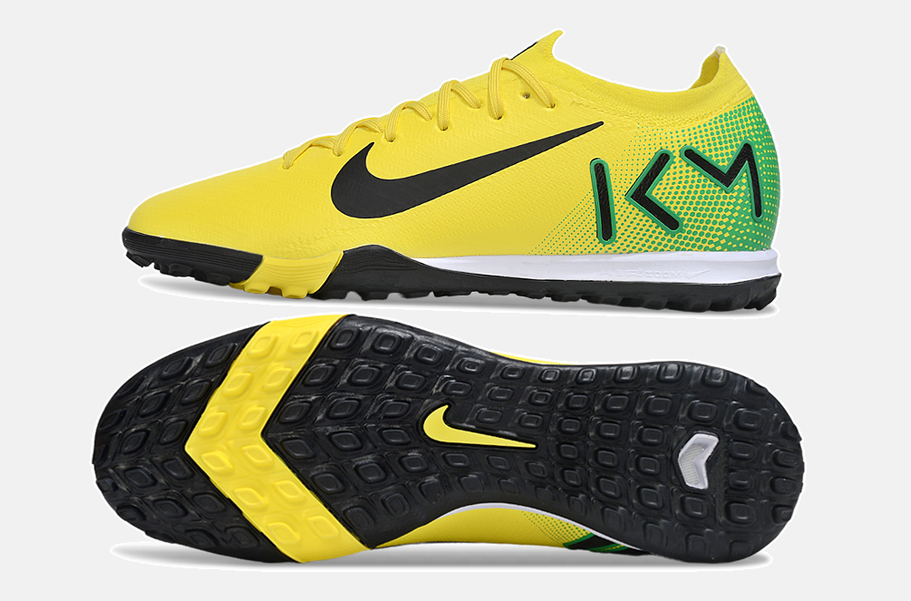 Chuteira Society Nike Air Zoom Mercurial Vapor 16 Killian Mbappe Elite TF - Amarela, Verde e Preta - vista traseira