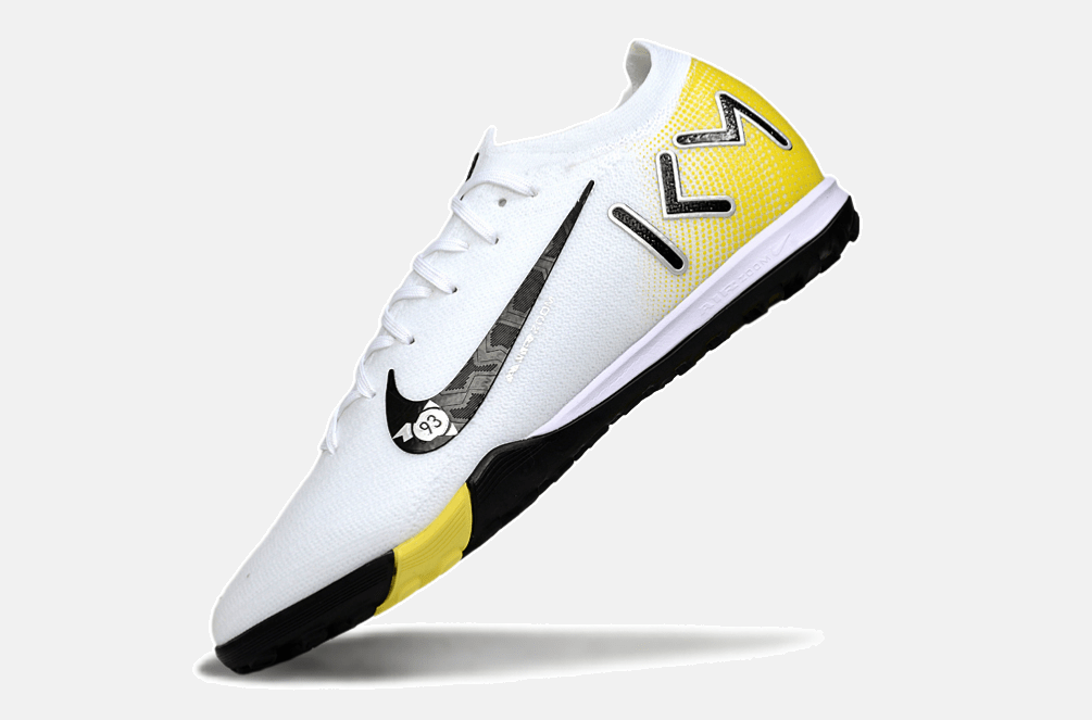Chuteira Society Nike Air Zoom Mercurial Vapor 16 Kylian Mbappe Elite TF - Branca, Amarela e Preta - Tevo Sports SPORT*