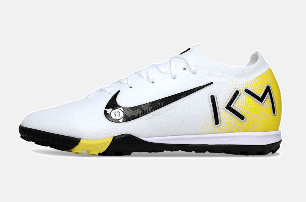 Chuteira Society Nike Air Zoom Mercurial Vapor 16 Kylian Mbappe Elite TF - Branca, Amarela e Preta - Tevo Sports SPORT*