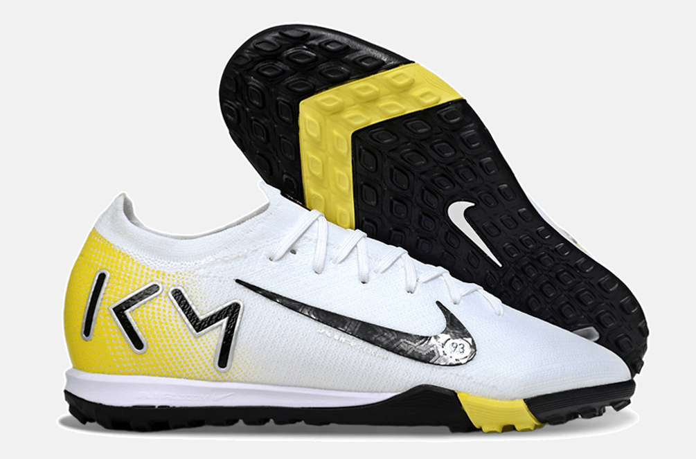Chuteira Society Nike Air Zoom Mercurial Vapor 16 Kylian Mbappe Elite TF - Branca, Amarela e Preta - Tevo Sports SPORT*