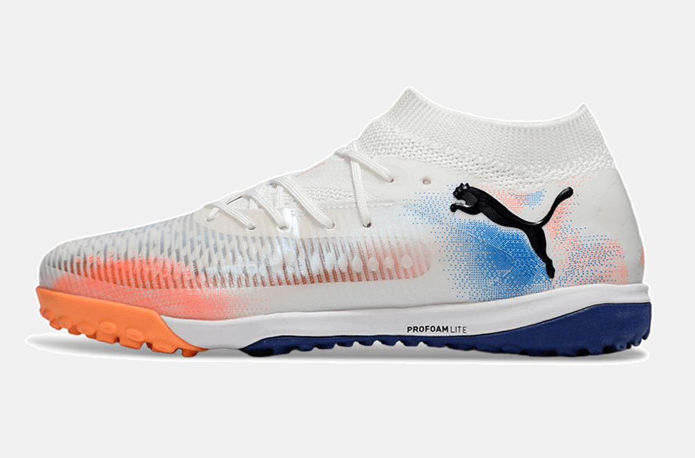 Chuteira Society Puma Future 8 TF - Branca, Azul e Laranja - Untamed Pack - Tevo Sports SPORT*