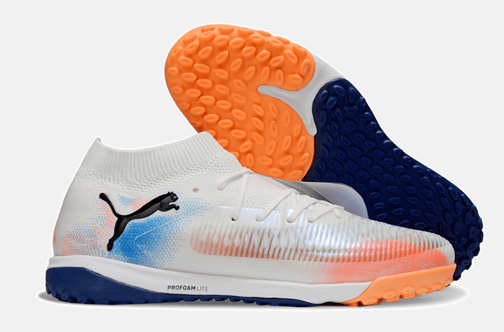 Chuteira Society Puma Future 8 TF - Branca, Azul e Laranja - Untamed Pack - Tevo Sports SPORT*