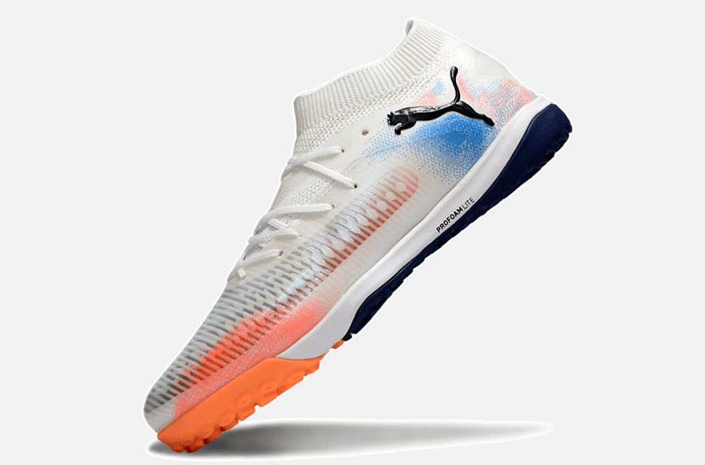 Chuteira Society Puma Future 8 TF - Branca, Azul e Laranja - Untamed Pack - Tevo Sports SPORT*