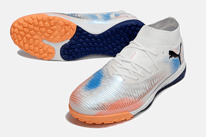Chuteira Society Puma Future 8 TF - Branca, Azul e Laranja - Untamed Pack - Tevo Sports SPORT*