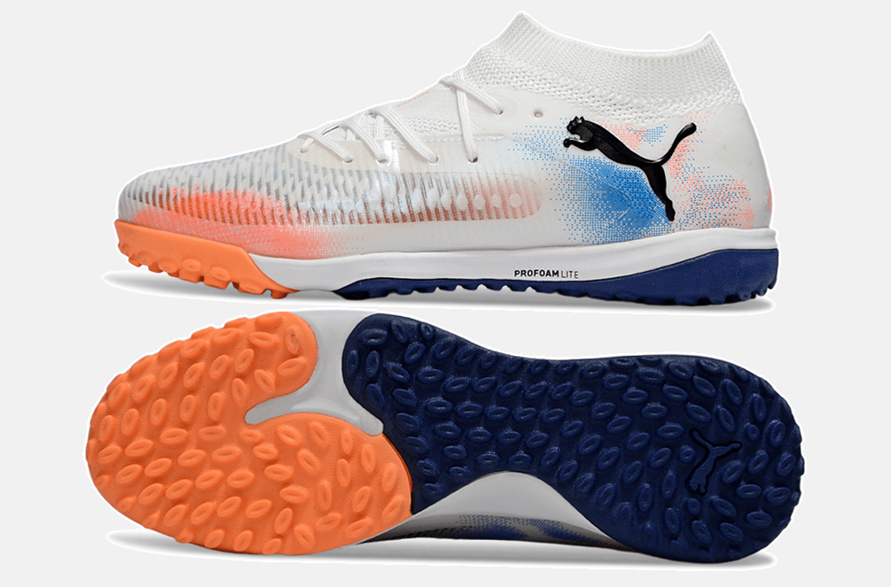 Chuteira Society Puma Future 8 TF - Branca, Azul e Laranja - Untamed Pack - Tevo Sports SPORT*