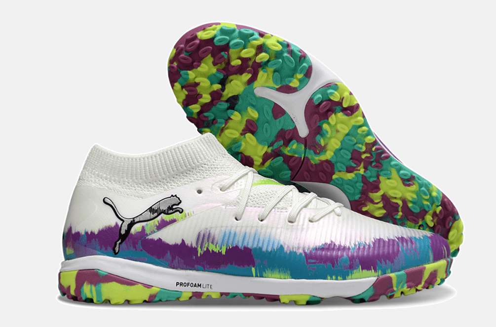Chuteira Society Puma Future 8 TF - Branca, Roxa e Verde - Brilliance Pack - Tevo Sports SPORT*