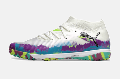Chuteira Society Puma Future 8 TF - Branca, Roxa e Verde - Brilliance Pack - Tevo Sports SPORT*