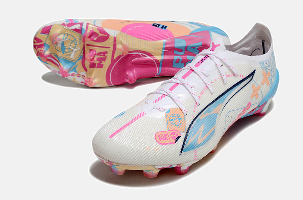 Puma Ultra 5 Ultimate FG - Branca, Azul e Rosa - detalhe