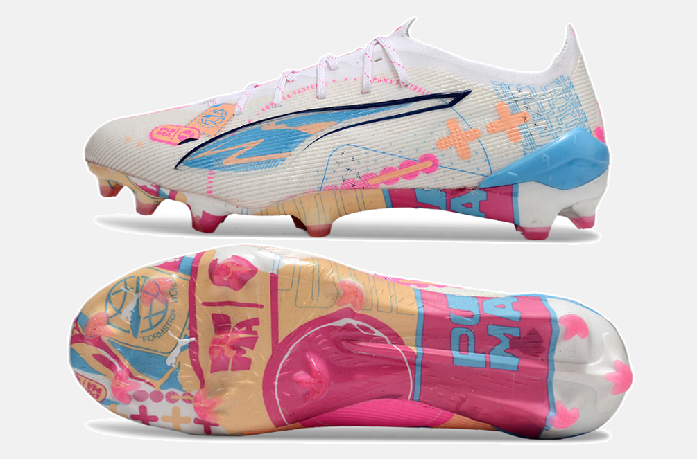Puma Ultra 5 Ultimate FG - Branca, Azul e Rosa - vista traseira