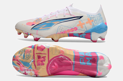 Puma Ultra 5 Ultimate FG - Branca, Azul e Rosa - vista traseira
