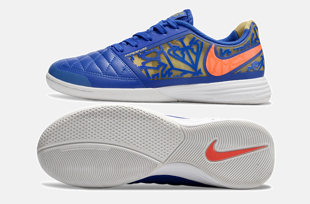 Tênis Futsal Nike Lunar Gato IC - Azul, laranja e Dourada - vista traseira